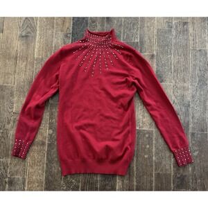 Vila Milano Sweater Women's Small Red Studded Turtle Neck Long Sleeve Pullover
